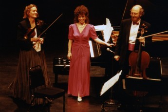 Ensemble Vivant in Concert  at the Jane Mallett Theatre, St. Lawrence Centre for the Perfoming Arts:  Adele Armin, violin; Catherine Wilson, piano/artistic director; Jack Mendelsohn, cello, 1992
Adele Armin was Ensemble Vivant’s violinist from 1992 until 1995 and again from 1998 to 2004.  Jack Mendelsohn was Ensemble Vivant’s cellist from 1992 until 1998.  