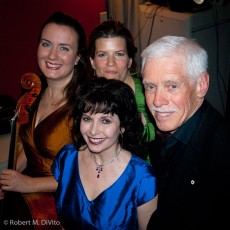 Members of Ensemble Vivant at Glenn Gould Studio in Toronto, ON following EV’s concert on April 14, 2012:  L to R:  Sybil Shanahan, cello; Erica Beston, violin; Dave Young, bass; Catherine Wilson, piano/artistic director (front/centre). Photo by Robert DiVito 