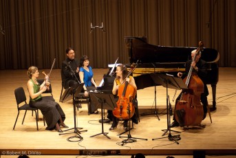 Ensemble Vivant in Concert at Glenn Gould Studio in Toronto, ON on April 14, 2012.  L to R:  Erica Beston, violin; Norman Hathaway, viola/page turner for pianist Catherine Wilson; Catherine Wilson, piano/artistic director; Sybil Shanahan, cello; Dave Young, bass.  Photo by Robert DiVito