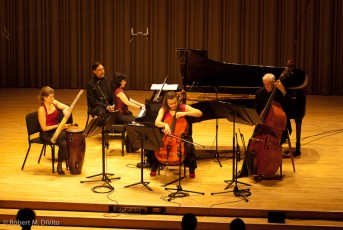 Ensemble Vivant in Concert at Glenn Gould Studio in Toronto, ON on April 14, 2012.  L to R: Erica Beston, violin, conga, rain stick; Norman Hathaway, page turner for pianist Catherine Wilson; Catherine Wilson, piano/artistic director; Sybil Shanahan, cello; Dave Young, bass.  Photo by Robert DiVito