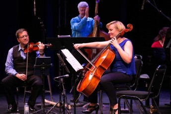ENSEMBLE VIVANT in concert at Regent Theatre, Oshawa, ON, May 24, 2018. Launch of telMAX/Euterpe/Yamaha partnership in the Durham Region: Ensemble Vivant L to R: Corey Gemmell, violin; Jim Vivian, bass; Sybil Shanahan, cello; Catherine Wilson, piano; not in view: Norman Hathaway, viola.  Photo by Marion Voysey