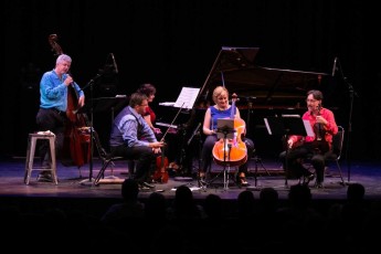 ENSEMBLE VIVANT in concert at Regent Theatre, Oshawa, ON, May 24, 2018. Launch of telMAX/Euterpe/Yamaha partnership in the Durham Region.  Ensemble Vivant L to R:  Jim Vivian, bass, speaking to audience; Corey Gemmell, violin, Catherine Wilson, piano; Sybil Shanahan, cello; Norman Hathaway, viola. Photo by Marion Voysey