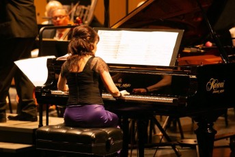 Pianist Catherine Wilson, soloist with Symphony on the Bay, performing with the orchestra with conductor Claudio Vena for the orchestra’s season finale at the Burlington Performing Arts Centre, Burlington, ON on Sunday, May, 13, 2018  Photo by Marion Voysey