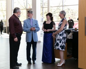 Symphony on the Bay Season Finale at the Burlington Performing Arts Centre, Burlington, ON with Maestro Claudio Vena and Pianist Catherine Wilson, soloist, on Sunday, May 13, 2018.  This photo was taken at the end of intermission in the lobby of BPAC following Catherine’s performance with SOTB:  Catherine’s Manager, Ian Davies; Mike Saunders, Pianist Catherine Wilson, and Sophie Lakis. Photo by Marion Voysey