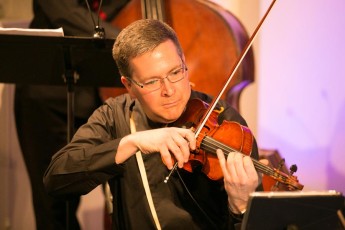Ensemble Vivant Live in Concert Tribute to Rick Wilkins CD-DVD Release Concert, March 2, 2018.  Corey Gemmell, violin. Photo by Marion Voysey