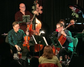 ENSEMBLE VIVANT:  Hugh’s Room, December 6, 2019 – LATIN ROMANCE – SOLD-OUT!  From L to R:  George Koller, bass; Corey Gemmell, violin; Catherine Wilson, piano; Tom Mueller, cello. Photo by Marion Voysey
