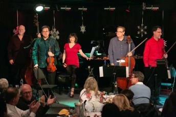 ENSEMBLE VIVANT:  Hugh’s Room, December 6, 2019 – LATIN ROMANCE – SOLD-OUT!  L to R:  George Koller, bass; Corey Gemmell, violin; Catherine Wilson, piano; Tom Mueller, cello; Norman Hathaway, viola.  Photo by Marion Voysey