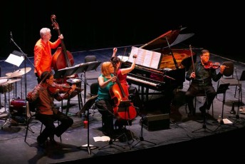 EV’s Sold-Out Tribute to Rick Wilkins concert: Orillia Opera House, March 3, 2019 for Orillia Concert Association: Jim Vivian, bass; Norman Hathaway, viola; Sybil Shanahan, cello; Catherine Wilson, piano; Corey Gemmell, violin.  Photo by Marion Voysey  
