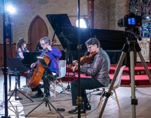 Ensemble Vivant: Live Virtual Concert, November 15, 2020 at St. George By The Grange in Toronto:  L to R:  Catherine Wilson, piano/artistic director; Tom Mueller, cello; Norman Hathaway, viola
Photo by Linda Schettle 